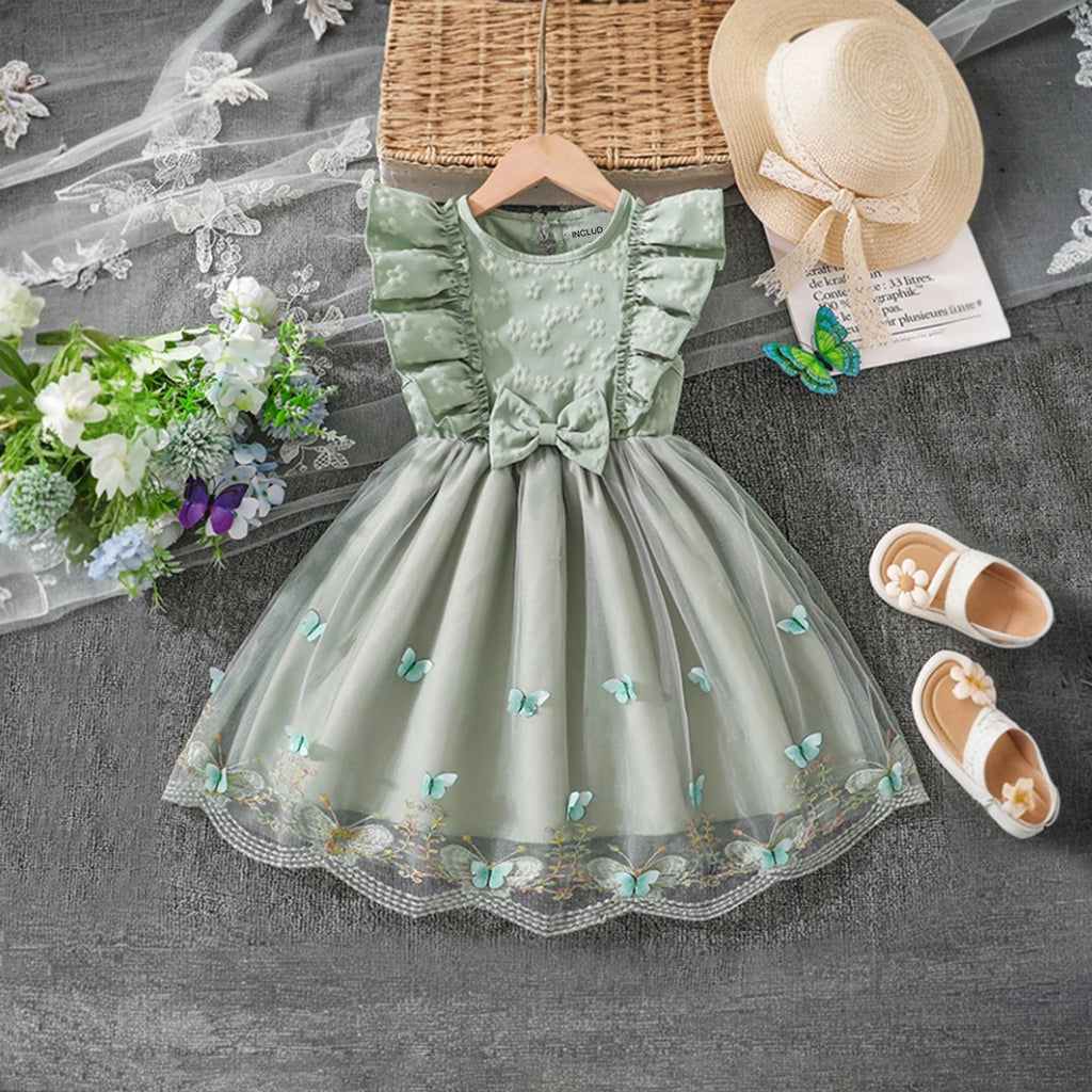 Girls Sage Green Butterfly Applique Flutter Sleeve Fit & Flare Party Dress Party Dresses Green 2-3 Y