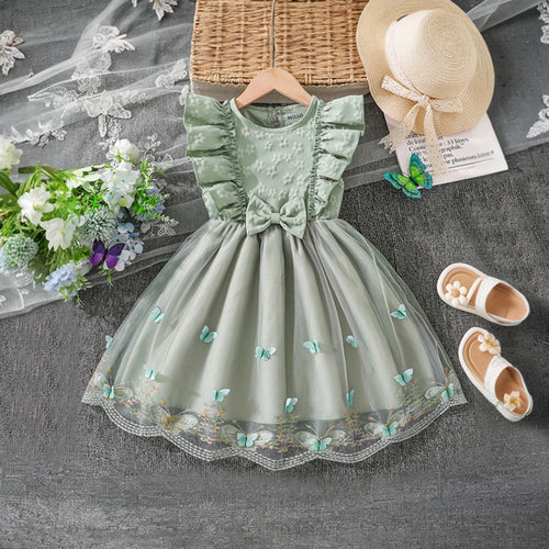 Girls Sage Green Butterfly Applique Flutter Sleeve Fit & Flare Party Dress Party Dresses Green 2-3 Y