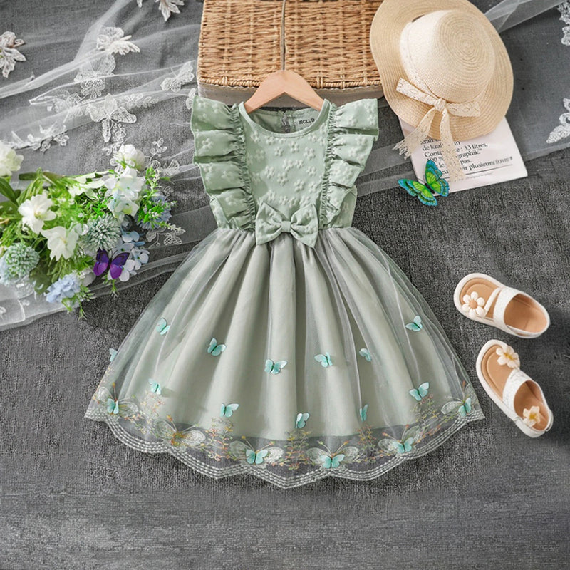 Girls Sage Green Butterfly Applique Flutter Sleeve Fit & Flare Party Dress Party Dresses Green 2-3 Y