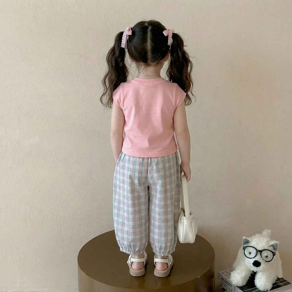 Girls Pink Cape Sleeve Top With Checked Pants Sets Sets