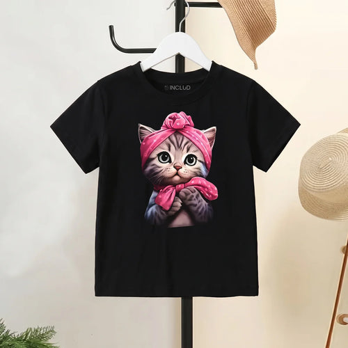 Girls Black Kitty Print Short Sleeve T-Shirt Tshirts Black 2-3 Y