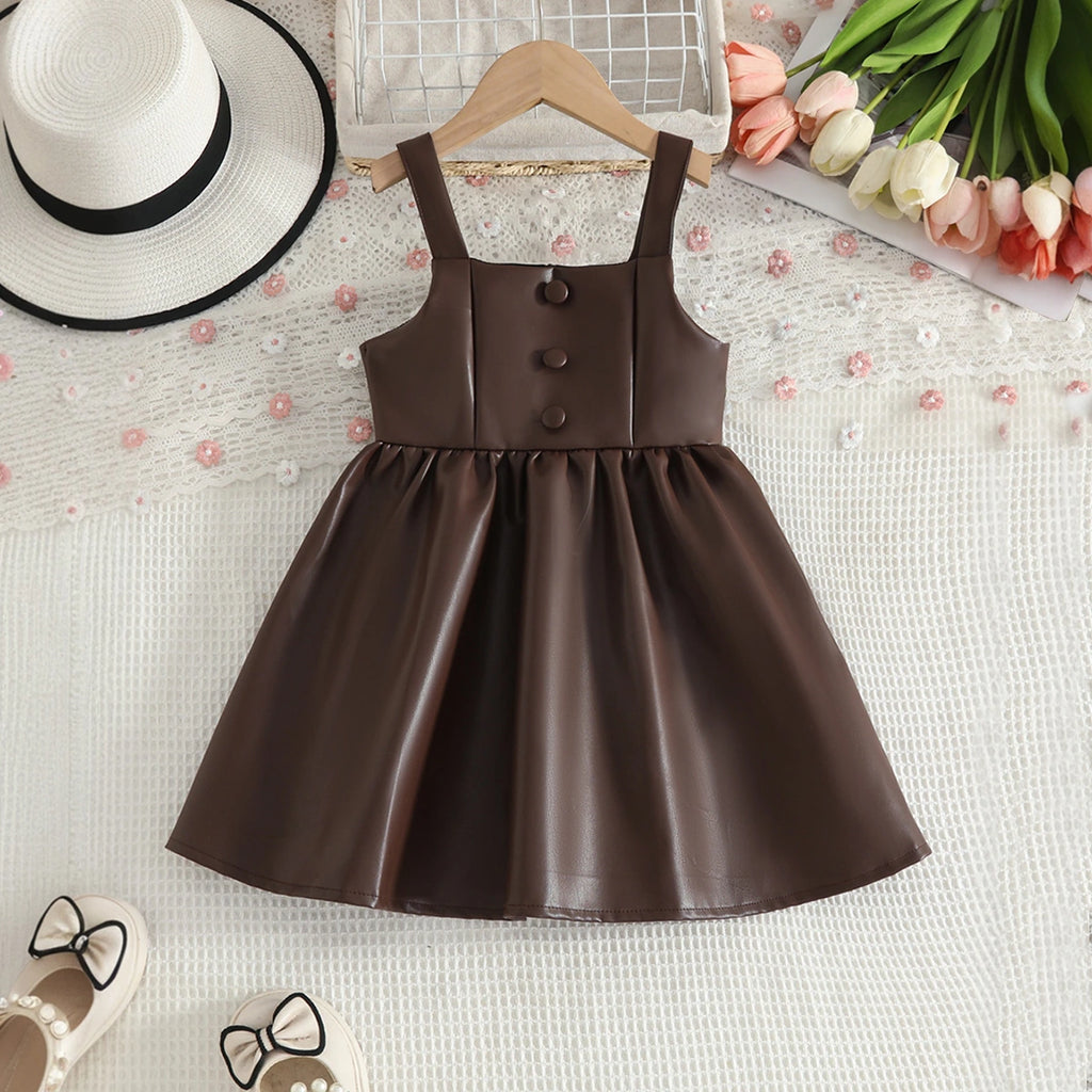 Girls Brown Faux Leather Pinafore Dress With Long Sleeves T-Shirt Casual Dresses
