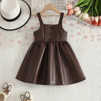 Girls Brown Faux Leather Pinafore Dress With Long Sleeves T-Shirt Casual Dresses