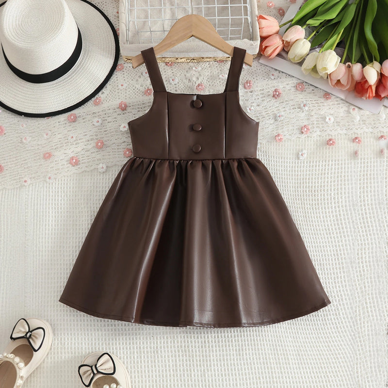 Girls Brown Faux Leather Pinafore Dress With Long Sleeves T-Shirt Casual Dresses