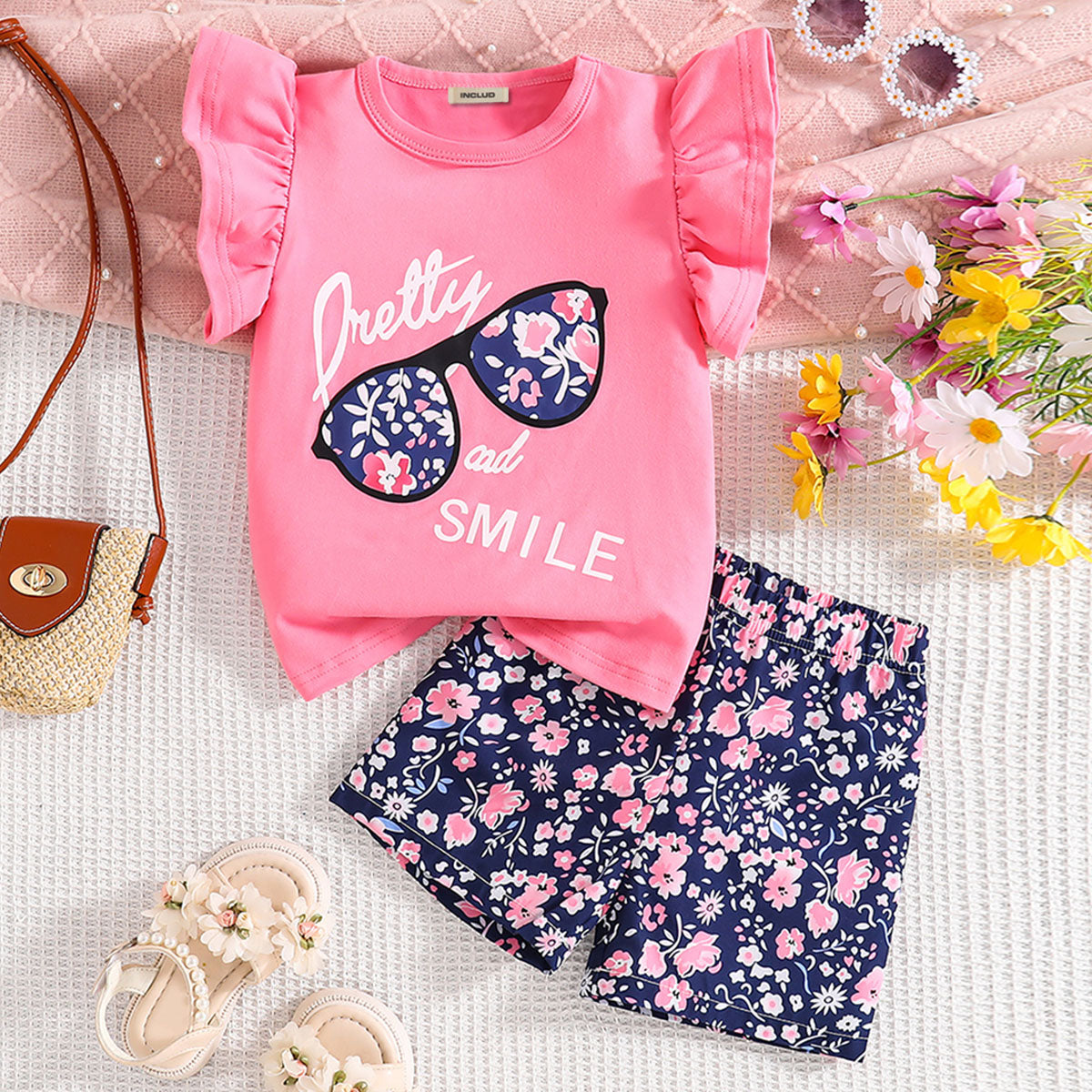 Girls Pink Graphic Round Neck Top With Printed Shorts Set 2 pc. Sets Pink 3-4 Y
