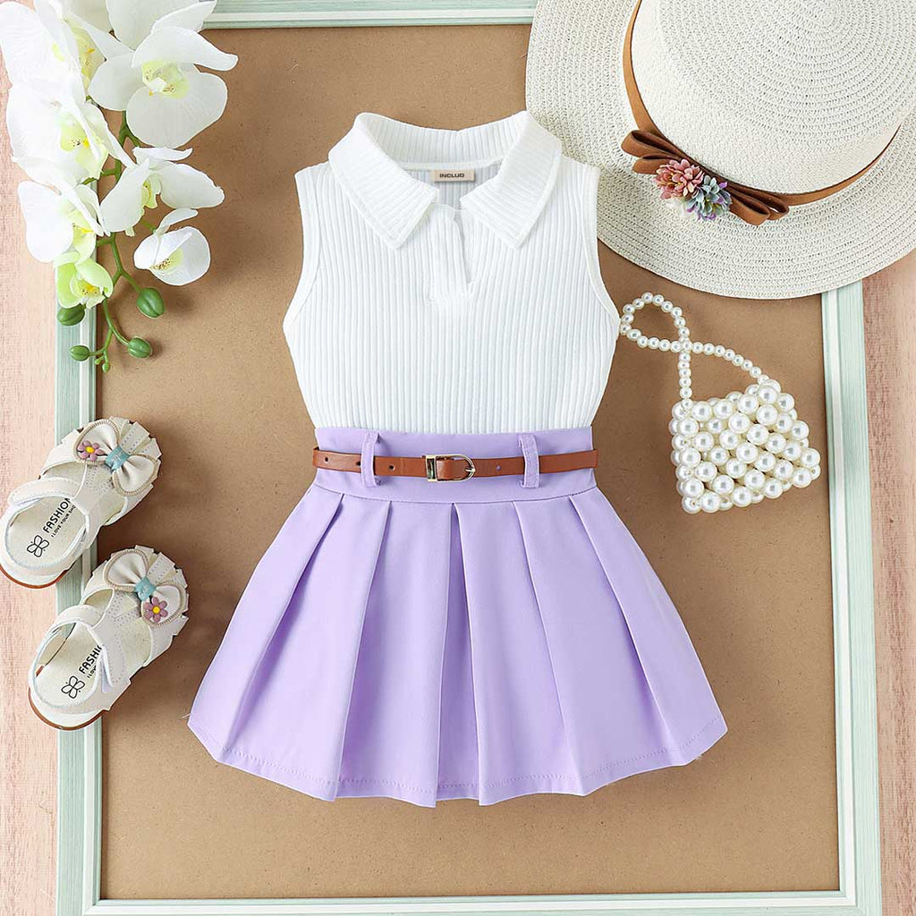 Girls Knitted Polo Top With Pleated Skirt & Belt Set Sets Purple 1-2 Y