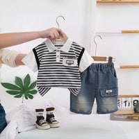 Boys Black Striped Short Sleeve Polo T-Shirt With Elasticated Denim Shorts 2 pc. Sets Black 1-2 Y