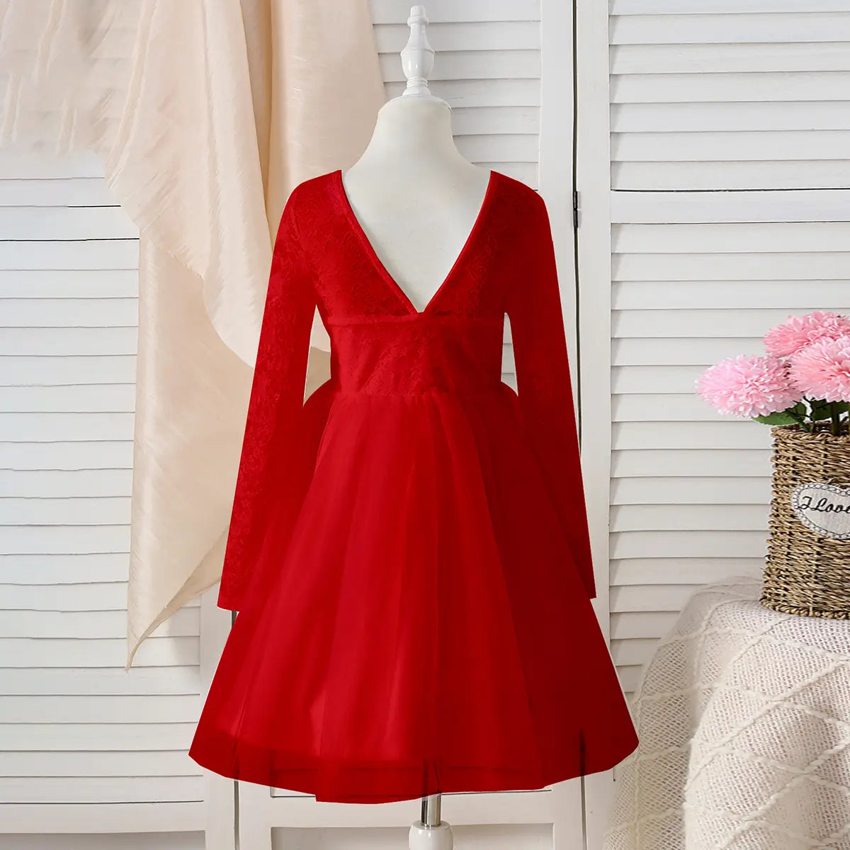Girls Red Long Sleeves Fit & Flare Party Dress With Lace & Tulle Overlay Party Dresses