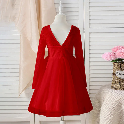 Girls Red Long Sleeves Fit & Flare Party Dress With Lace & Tulle Overlay Party Dresses
