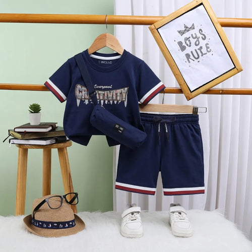 Boys Navy Typographic Short Sleeve T-Shirt With Drawstring Shorts Sets Sets Navy Blue 1-2 Y