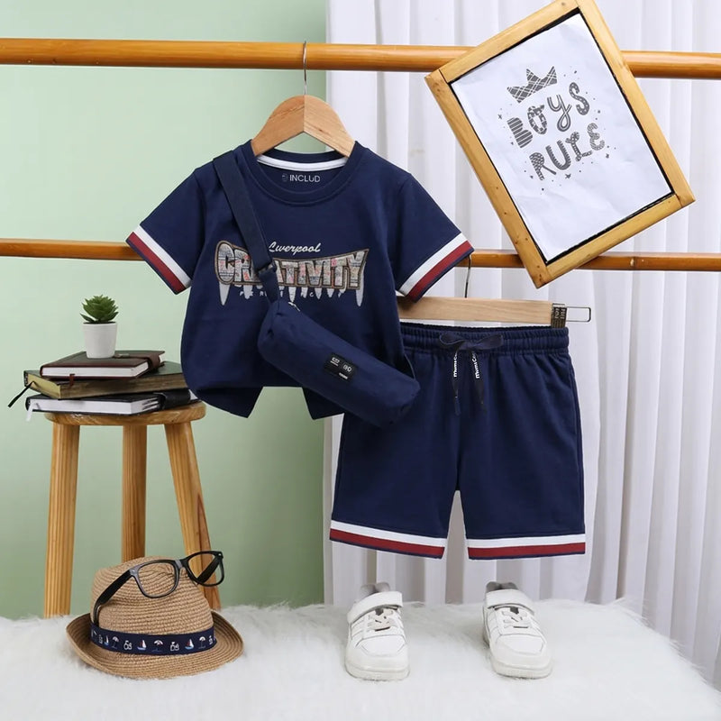 Boys Navy Typographic Short Sleeve T-Shirt With Drawstring Shorts Sets Sets Navy Blue 1-2 Y
