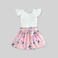 Girls Caps Sleeve Top With Floral Printed Skirt & Belt 3 pc. Sets   