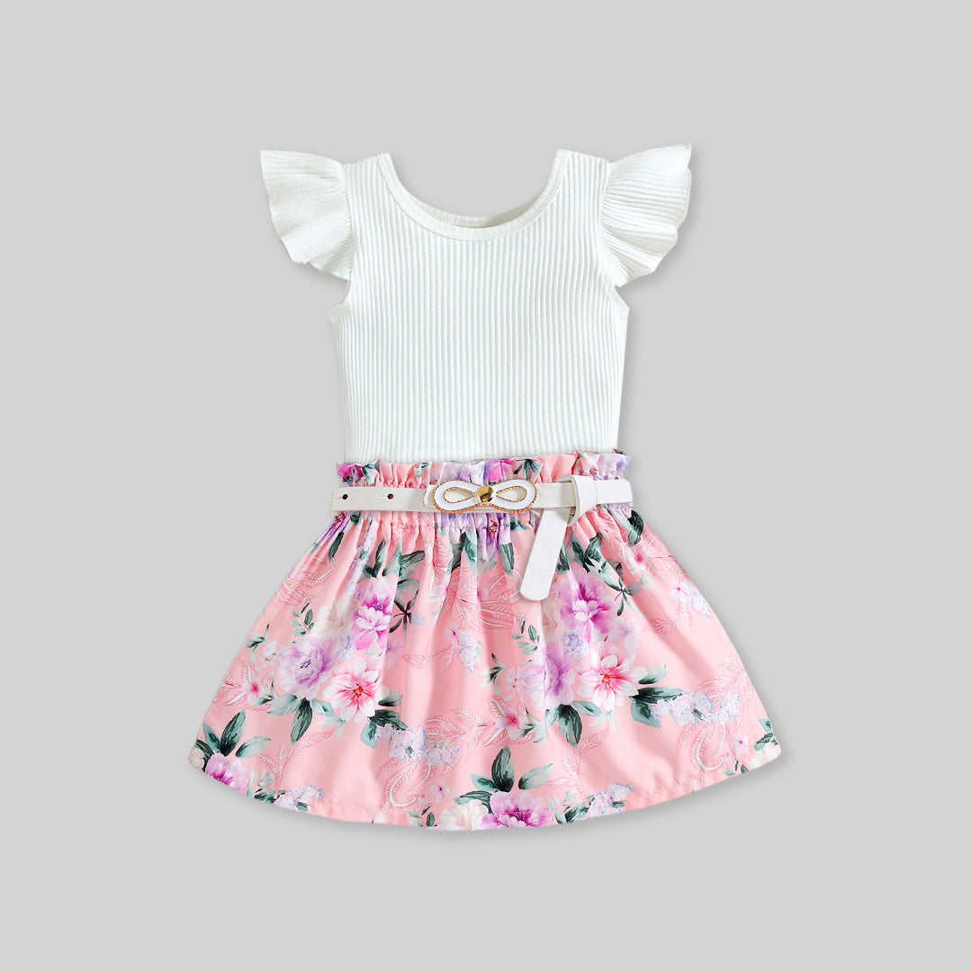 Girls Caps Sleeve Top With Floral Printed Skirt & Belt 3 pc. Sets   
