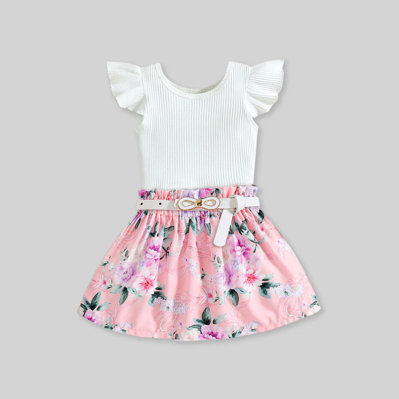 Girls Caps Sleeve Top With Floral Printed Skirt & Belt 3 pc. Sets   
