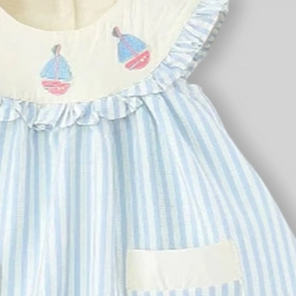 Girls Light Blue Stripes Sleeveless A-line Dress With Seaboat Embroidery Casual Dresses