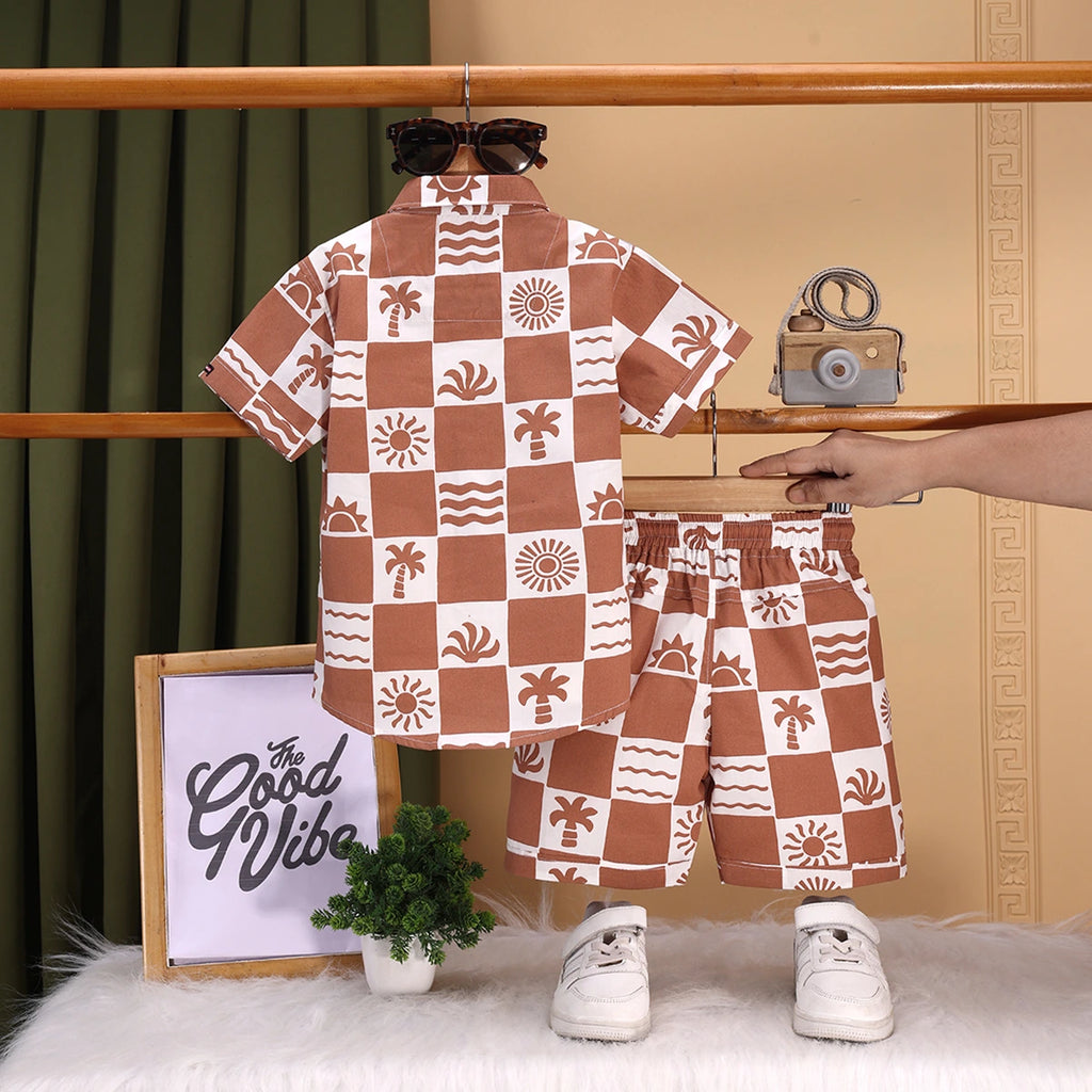 Boys Brown Tropical Print Checked Shirt With T-Shirt And Shorts Sets 3 pc. Sets