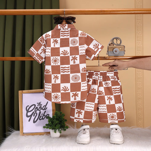 Boys Brown Tropical Print Checked Shirt With T-Shirt And Shorts Sets 3 pc. Sets