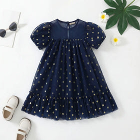 Girls Navy Blue Polka Dot Print A-line Dress With Ruffle Hem Casual Dresses Navy Blue 1-2 Y