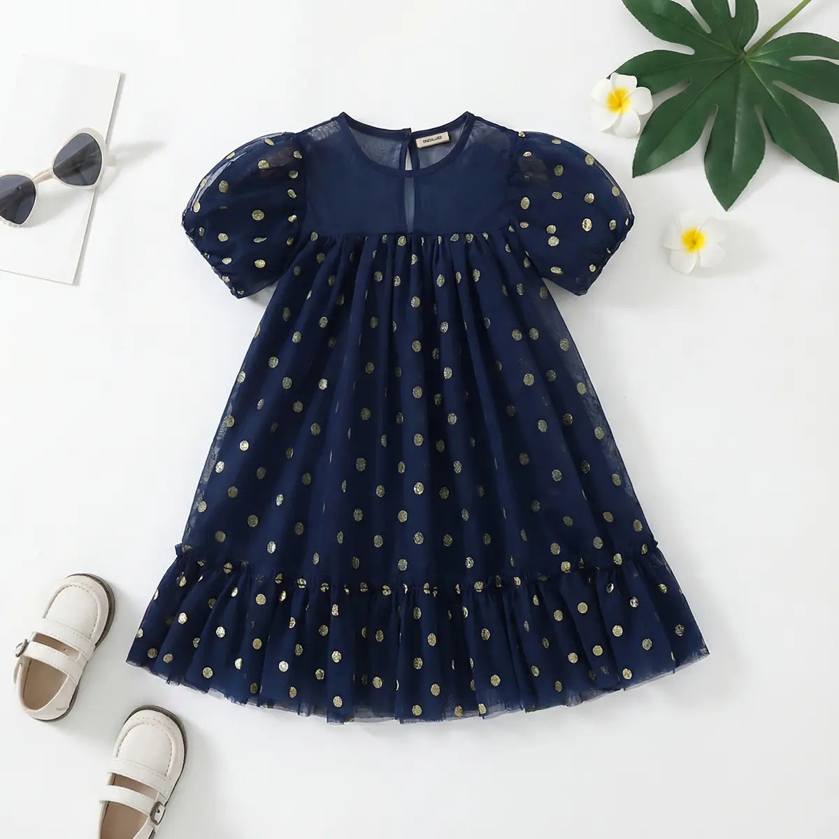 Girls Navy Blue Polka Dot Print A-line Dress With Ruffle Hem Casual Dresses Navy Blue 1-2 Y