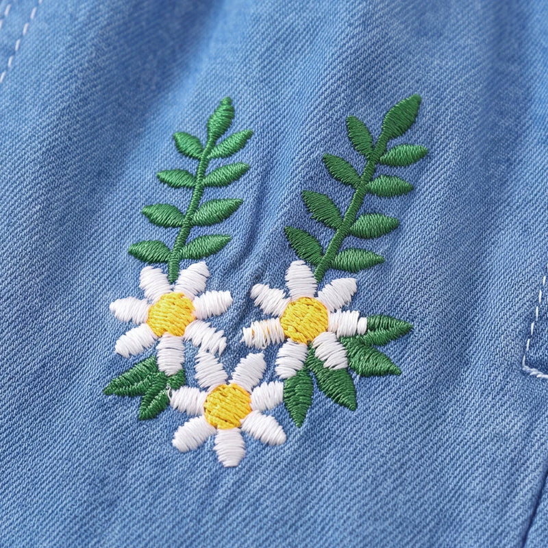 Girls Blue Floral Embroidered Pants Pants