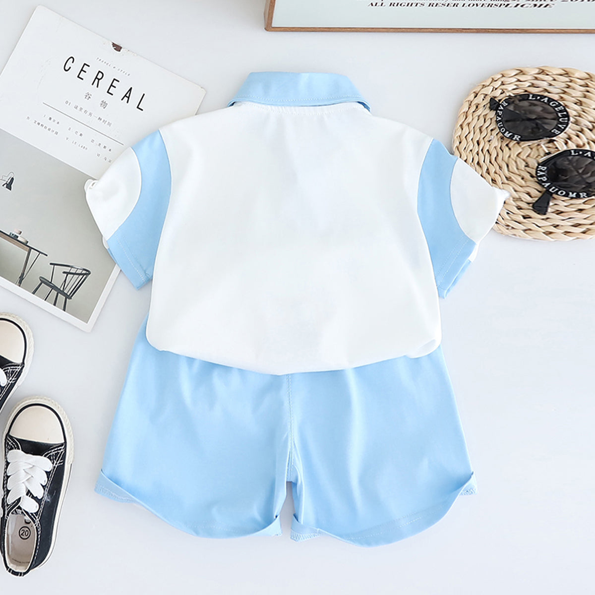 Boys Sky Blue Cat Applique Color-blocked Polo T-Shirt With Shorts Set 2 pc. Sets