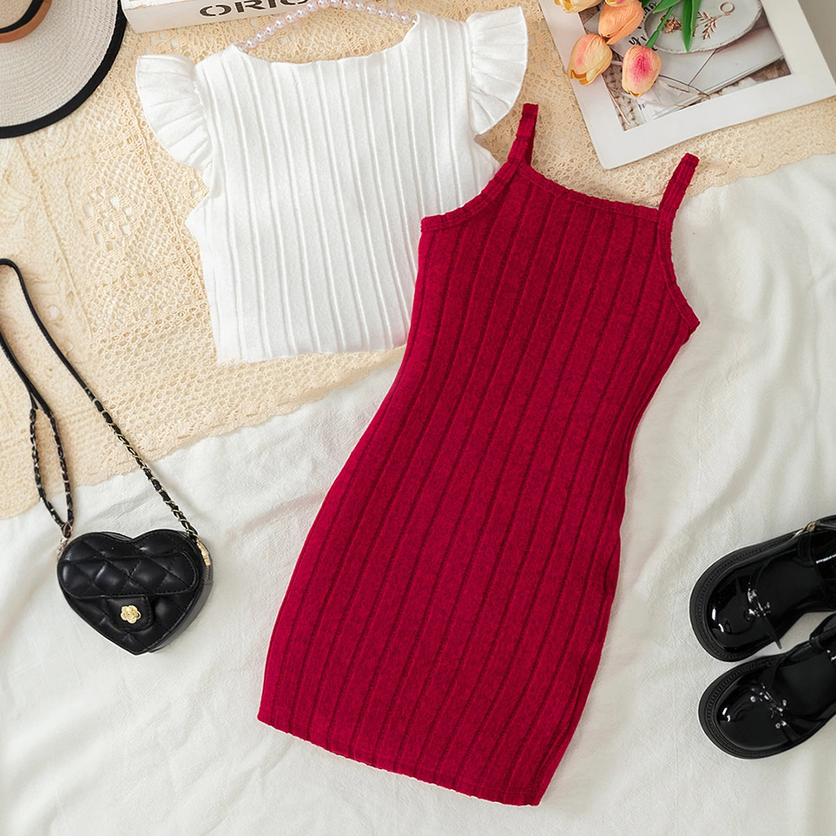 Girls Maroon Ribbed Sleeveless Bodycon Dress With Shrug Casual Dresses