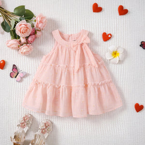 Girls Light Pink Bow Print Sleeveless Tiered Summer Dress Casual Dresses Light Pink 1-2 Y