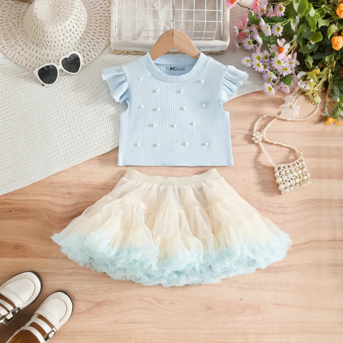 Girls Light Blue Pearl-Embellished Top With Tiered Tulle Tutu Skirt Sets Sets Light Blue 3-4 Y