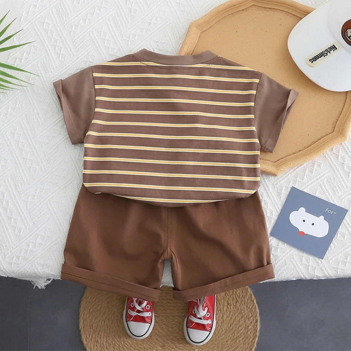 Boys Light Brown Dog Motif Striped Short Sleeve T-Shirt With Shorts Sets 2 pc. Sets