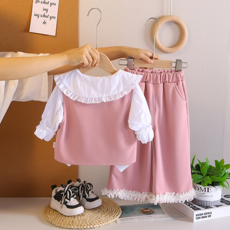 Girls Pink Solid Sleeveless Jacket With Top & Pants Set Sets