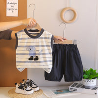 Boys Beige Animal Striped Sleeveless T-Shirt With Elasticated Shorts Sets 2 pc. Sets Beige 1-2 Y