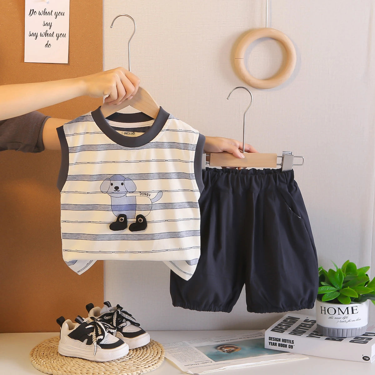 Boys Beige Animal Striped Sleeveless T-Shirt With Elasticated Shorts Sets 2 pc. Sets Beige 1-2 Y