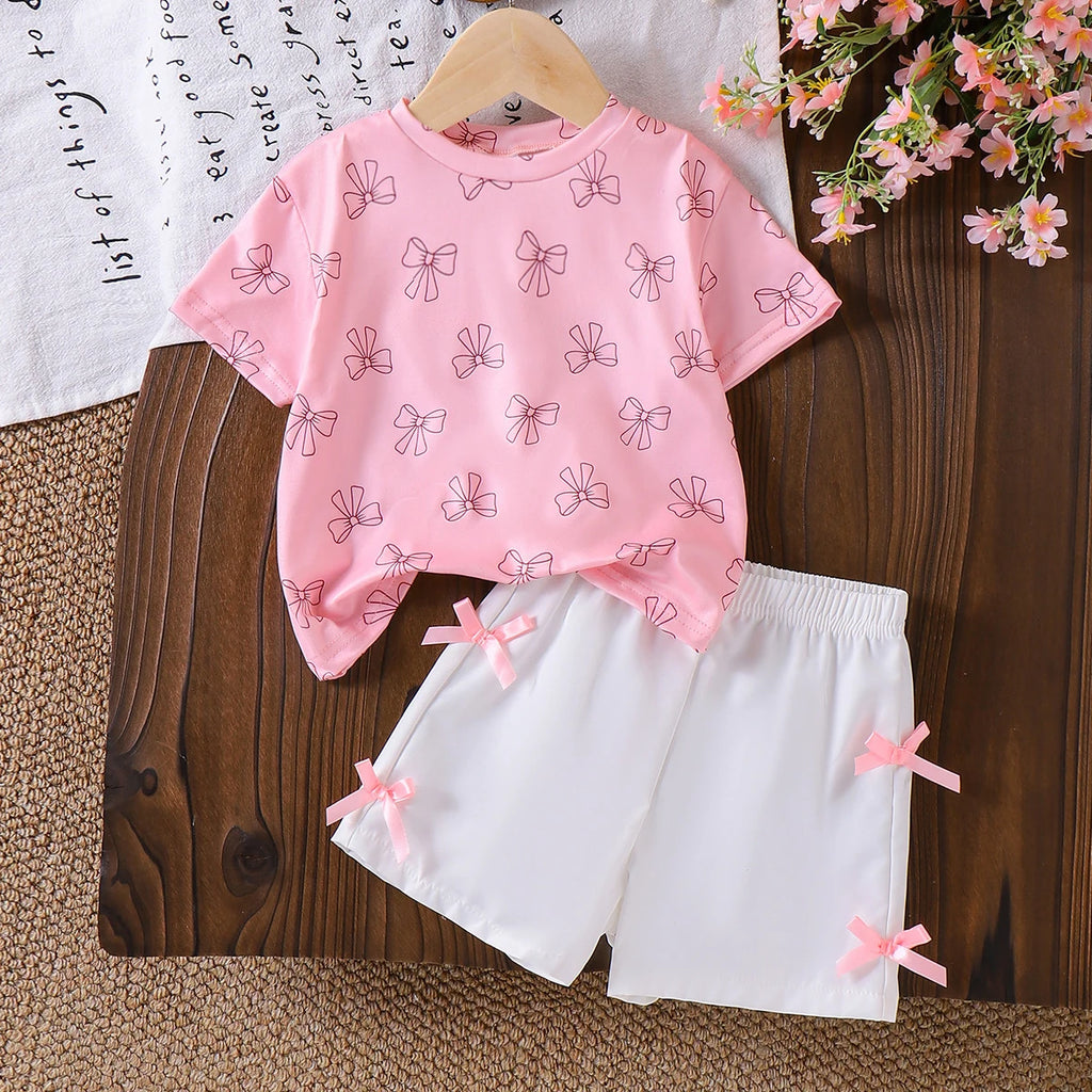 Girls Pink Bow Print Short Sleeve T-Shirt With Elasticated Shorts Sets 2 pc. Sets Pink 2-3 Y