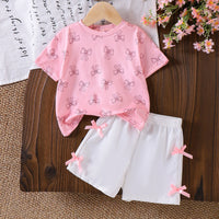Girls Pink Bow Print Short Sleeve T-Shirt With Elasticated Shorts Sets 2 pc. Sets Pink 2-3 Y