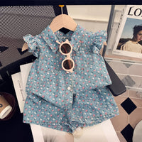 Girls Blue Floral Print Top With Elasticated Shorts Sets 2 pc. Sets Blue 2-3 Y