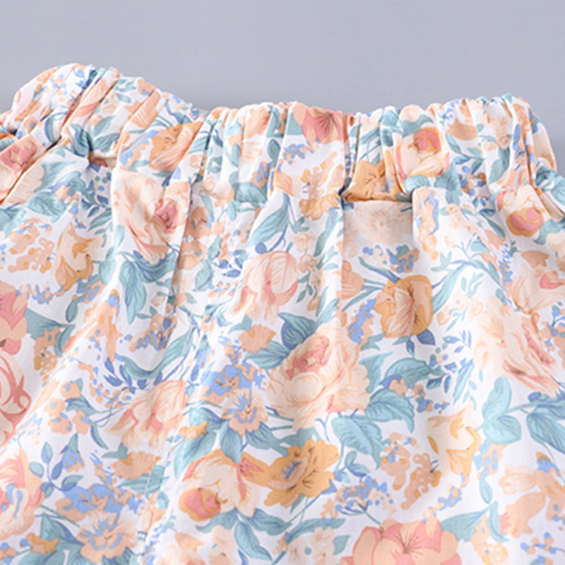 Girls Orange Floral Printed Eyelet Lace Collar Top & Shorts Co-ord Sets Sets