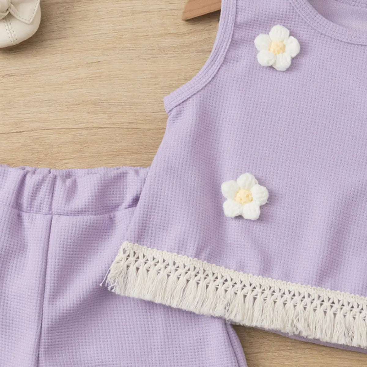 Girls Purple 3D Flowers Applique Sleeveless Top With Shorts Set Sets