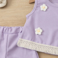 Girls Purple 3D Flowers Applique Sleeveless Top With Shorts Set Sets