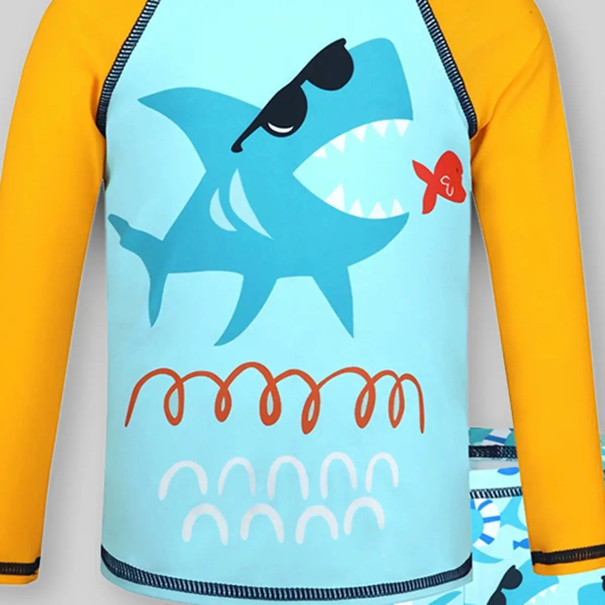 Boys Light Blue Shark Printed Long Sleeves T-Shirt & Shorts Swimsuit Sets Sets