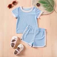 Girls Light Blue Ribbed Contrast Trims T-Shirt & Shorts Co-ord Sets Sets Light Blue 1-2 Y
