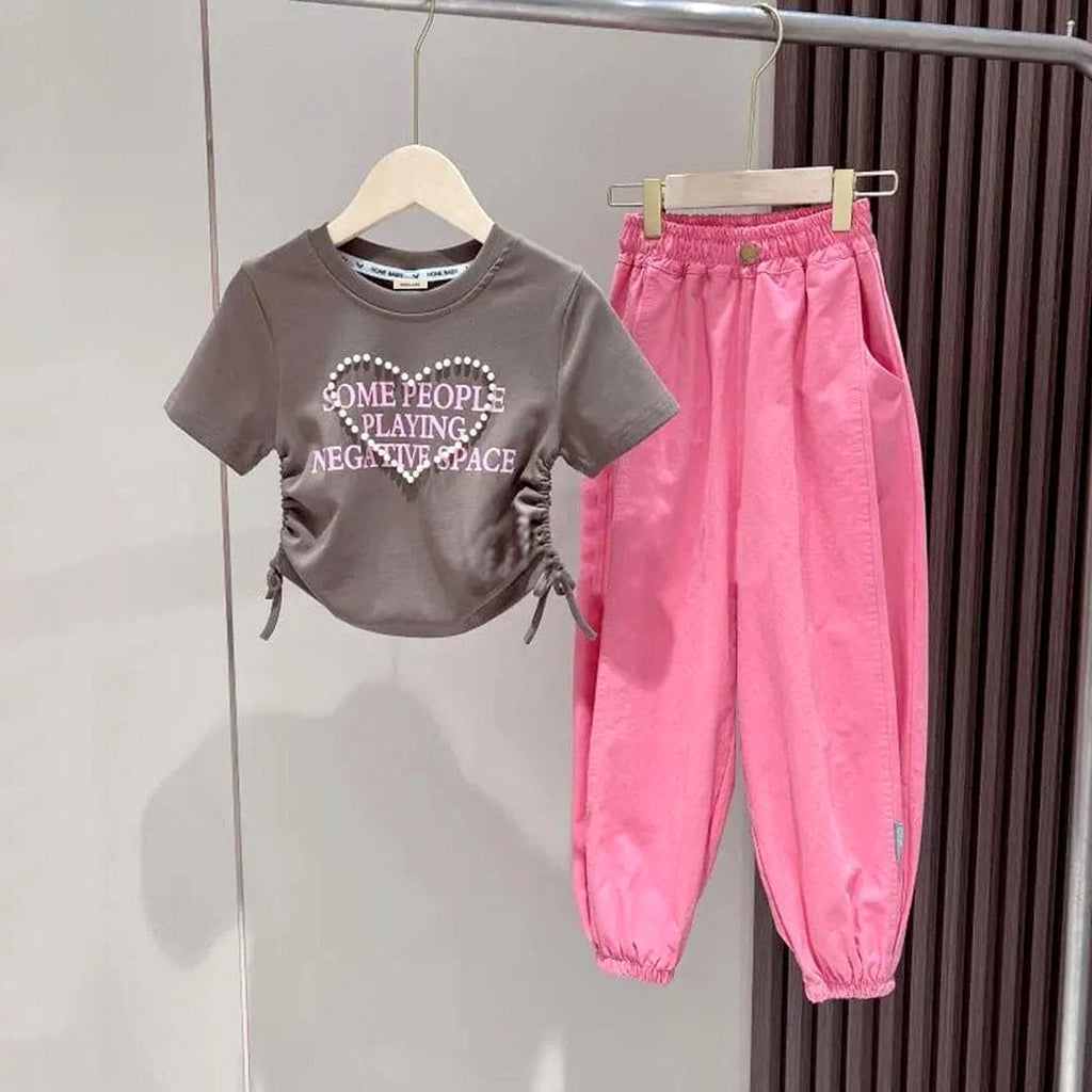 Girls Pearl Heart Short Sleeve Top With Elasticated Joggers