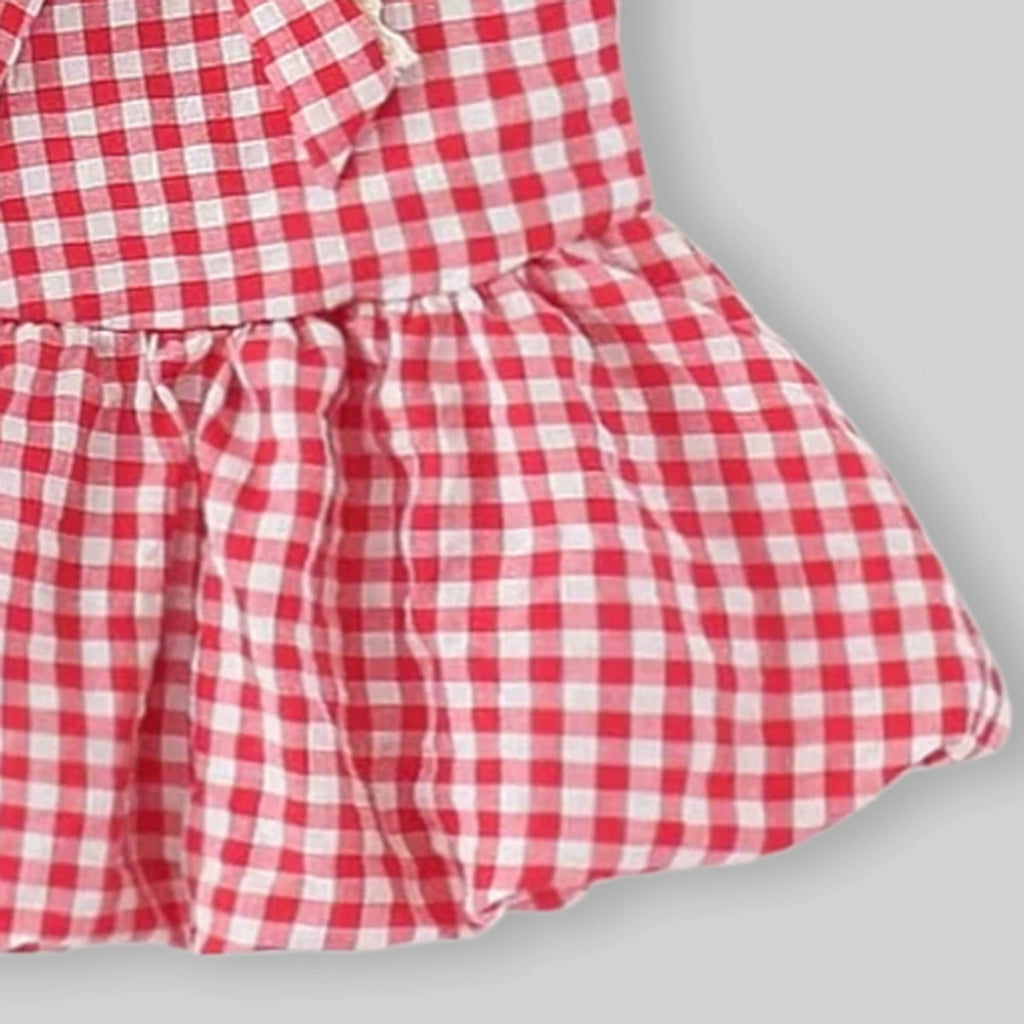 Girls Red Checked Fit & Flare Dress With Bubble Hemline Casual Dresses