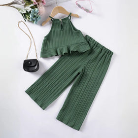Girls Dark Green Self Stripe Peplum Top With Pants Co-ord Sets Sets