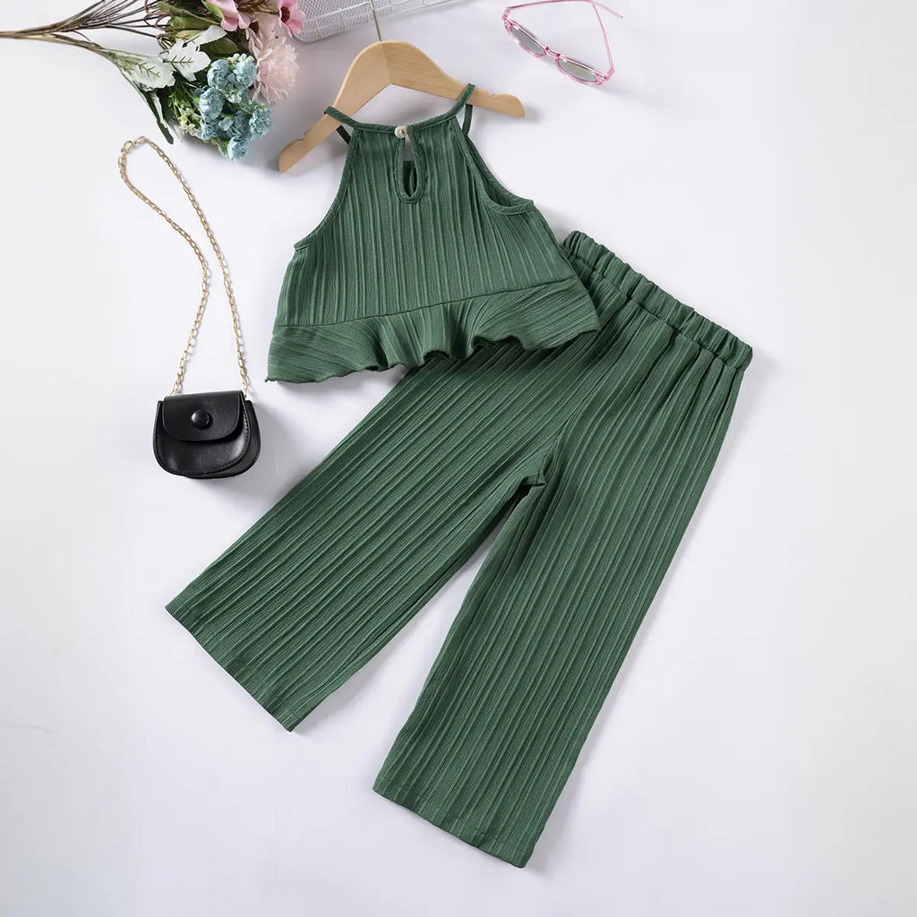 Girls Dark Green Self Stripe Peplum Top With Pants Co-ord Sets Sets