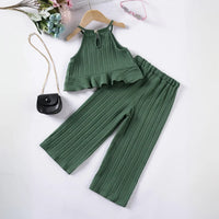 Girls Dark Green Self Stripe Peplum Top With Pants Co-ord Sets Sets