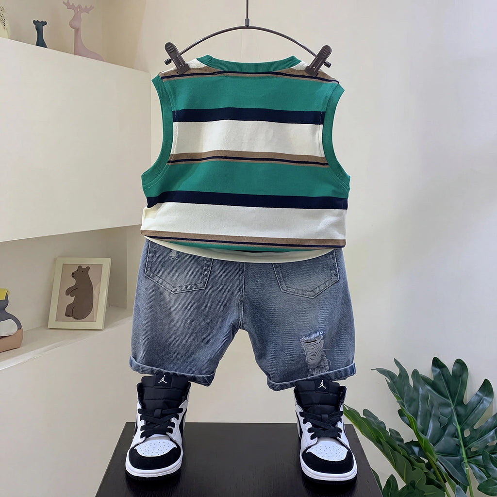 Boys Green Striped T-Shirt With Denim Shorts Sets 2 pc. Sets