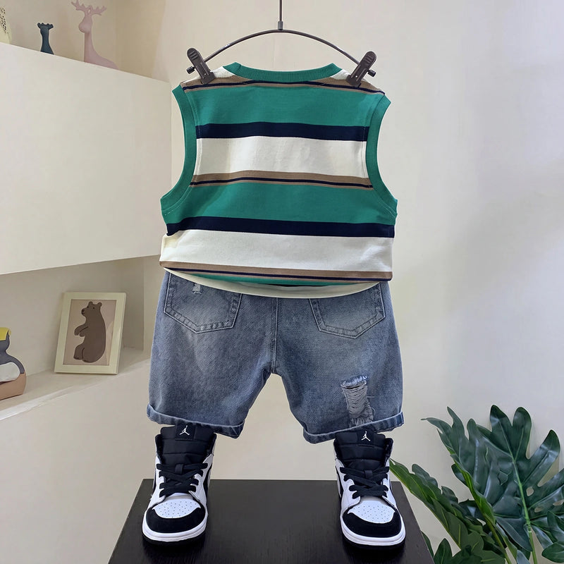 Boys Green Striped T-Shirt With Denim Shorts Sets 2 pc. Sets