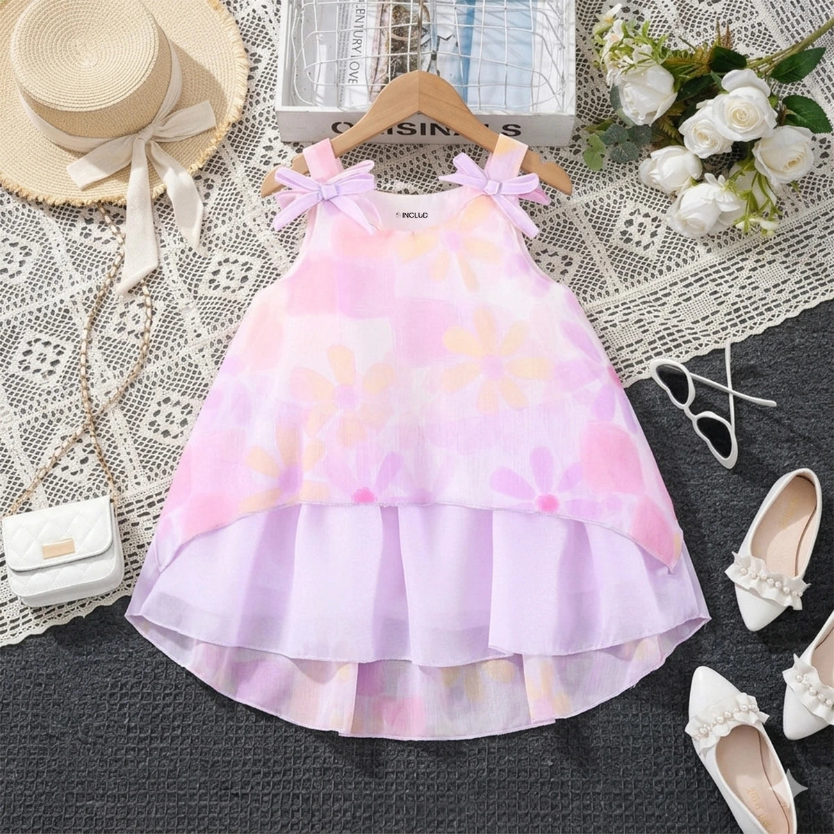 Girls Lilac Floral Print Bow A-Line High-Low Dress Casual Dresses Lilac 1-2 Y