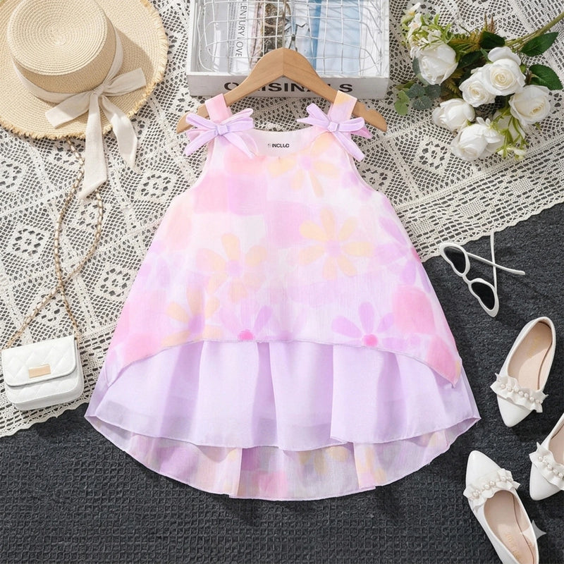 Girls Lilac Floral Print Bow A-Line High-Low Dress Casual Dresses Lilac 1-2 Y