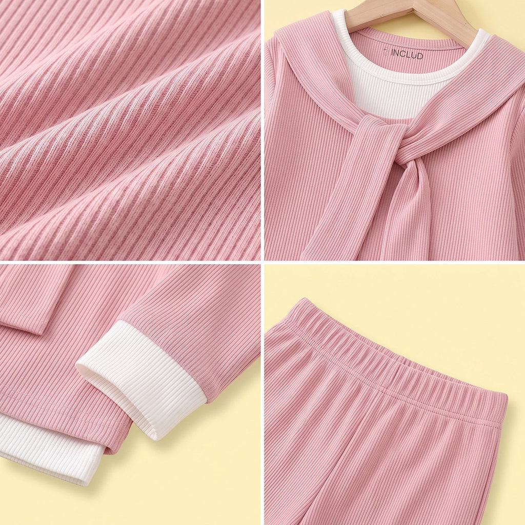 Girls Pink Ribbed Sailor Collar Overlay Top & Pants Co-ord Sets Sets